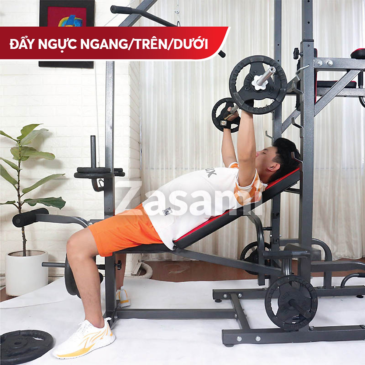 Giàn tạ đa năng kết hợp xà đơn xà kép Zasami 8211 - Kèm 54kg tạ gang , đòn tạ 1m5, 1 găng tay tập tạ