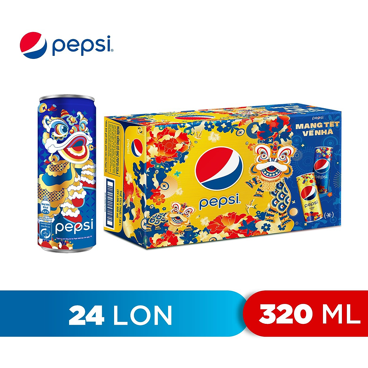 Thùng 24 Lon Nước Ngọt Có Gaz Pepsi lon xanh (320ml/lon)