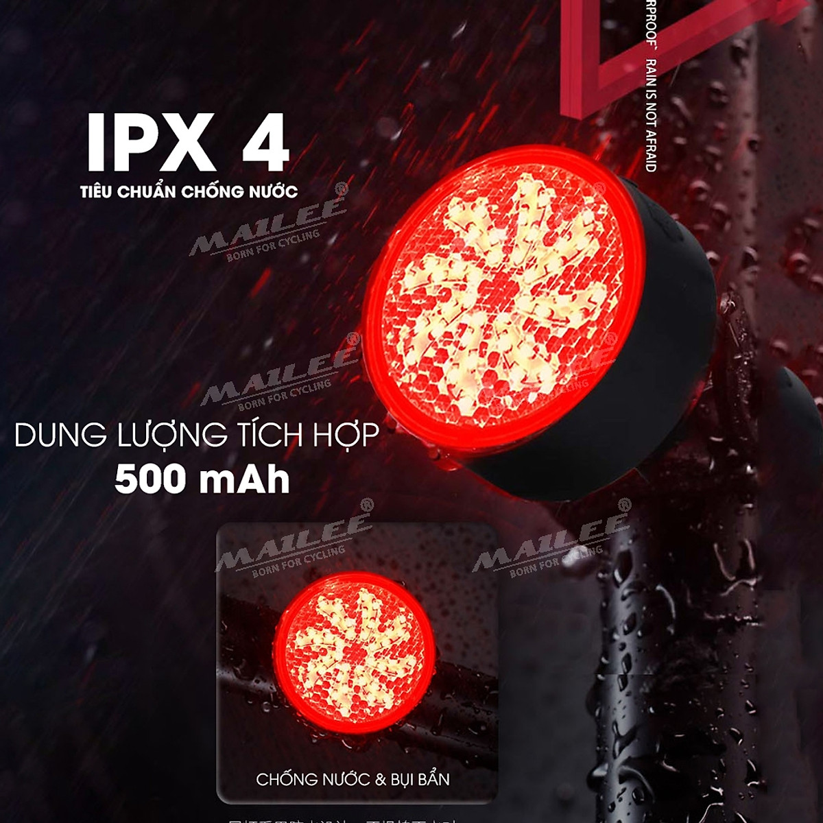 Đèn hậu cảnh báo xe đạp gắn sau CỐI XAY GIÓ AQ-113 dung lượng 500mAh 8 chế độ cảnh báo, sạc USB, chống nước IPX4 - Mai Lee