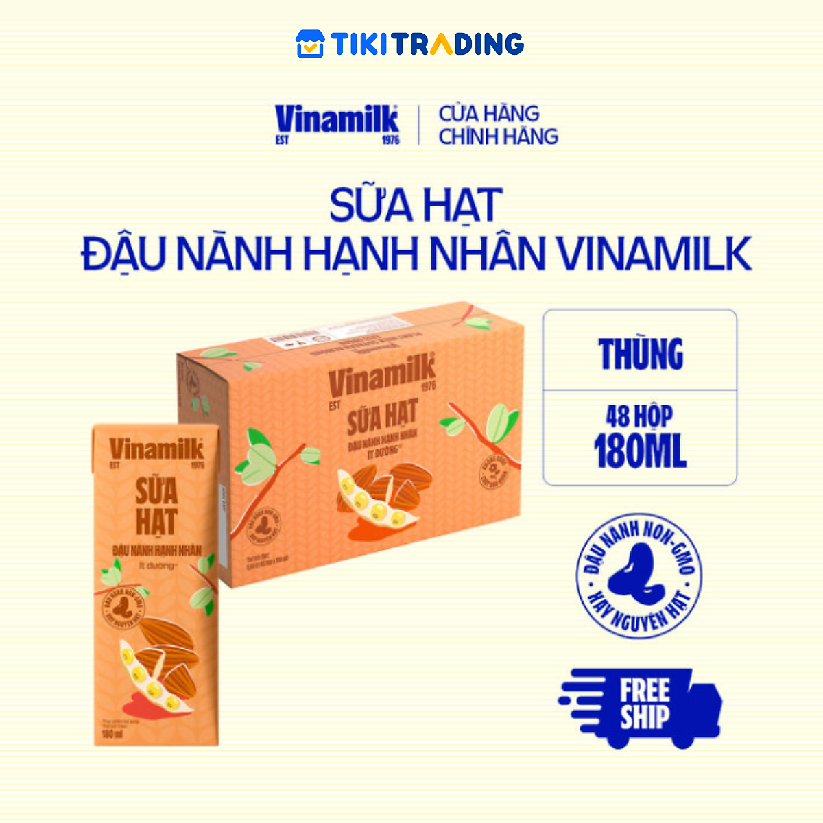 Thùng 48 hộp Sữa đậu nành Vinamilk hạt hạnh nhân 180ml