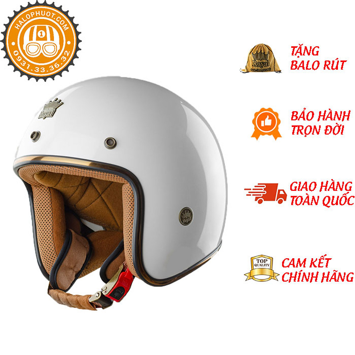 Nón bảo hiểm 3/4 ROYAL M20C trắng bóng