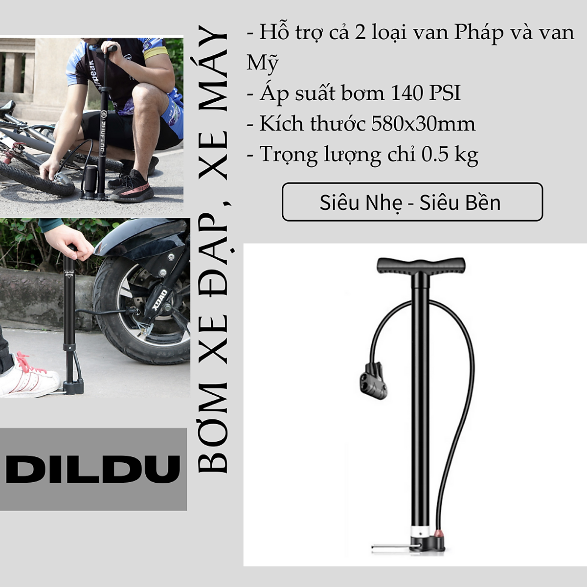 Bơm xe đạp bơm xe máy XT02 - ống bơm đa năng gia dụng dài đến 58cm áp suất 150PSI - Hỗ trợ van Mỹ và van Pháp