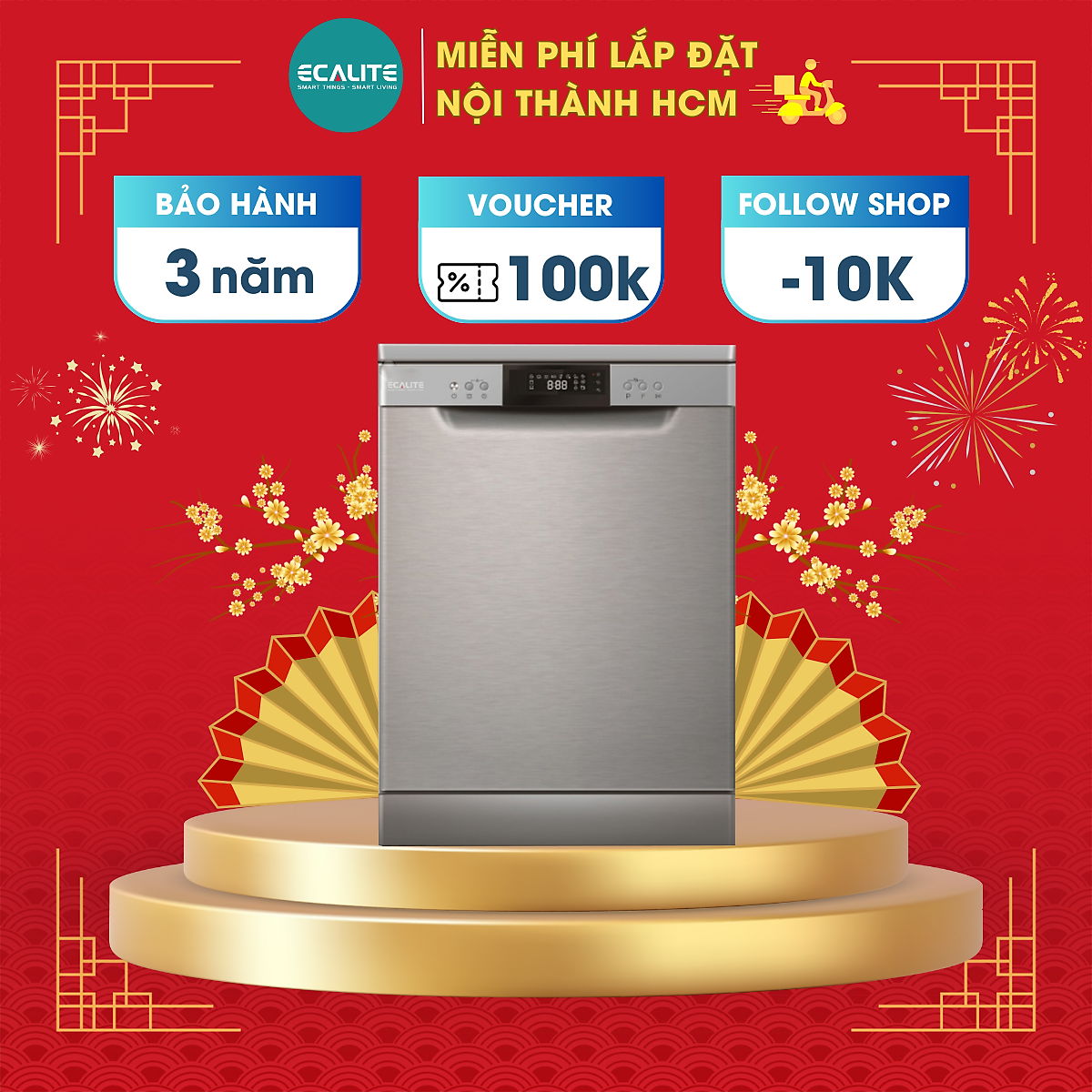 Máy Rửa Chén Độc Lập Ecalite EDW-SMS6015AS - 14 Bộ - 8 Chương Trình Rửa - Tự Động Hé Cửa - Hàng Chính Hãng