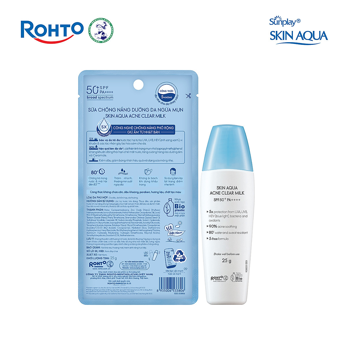 Kem chống nắng Skin Aqua cho da mụn, dạng sữa dùng hàng ngày Sunplay Skin Aqua Acne Clear Eco Việt Nam SPF 50, PA++++ 25g