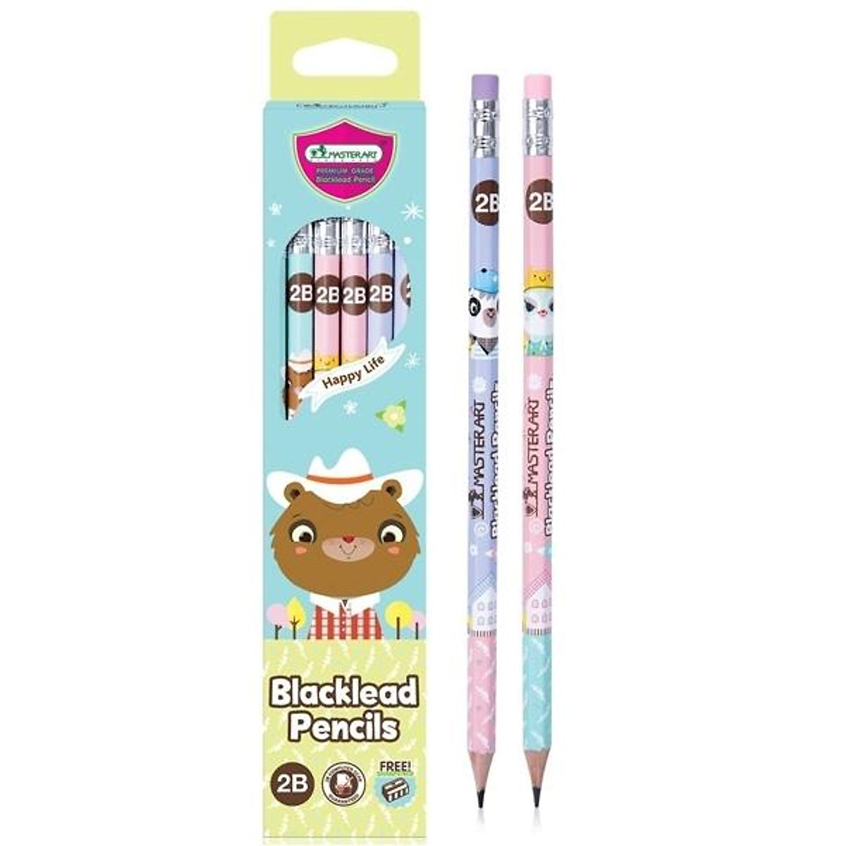 Hộp 12 Bút Chì Gỗ 2B Blacklead Pencil + Chuốt Chì - Masterart Happy Life (Mẫu Màu Giao Ngẫu Nhiên)
