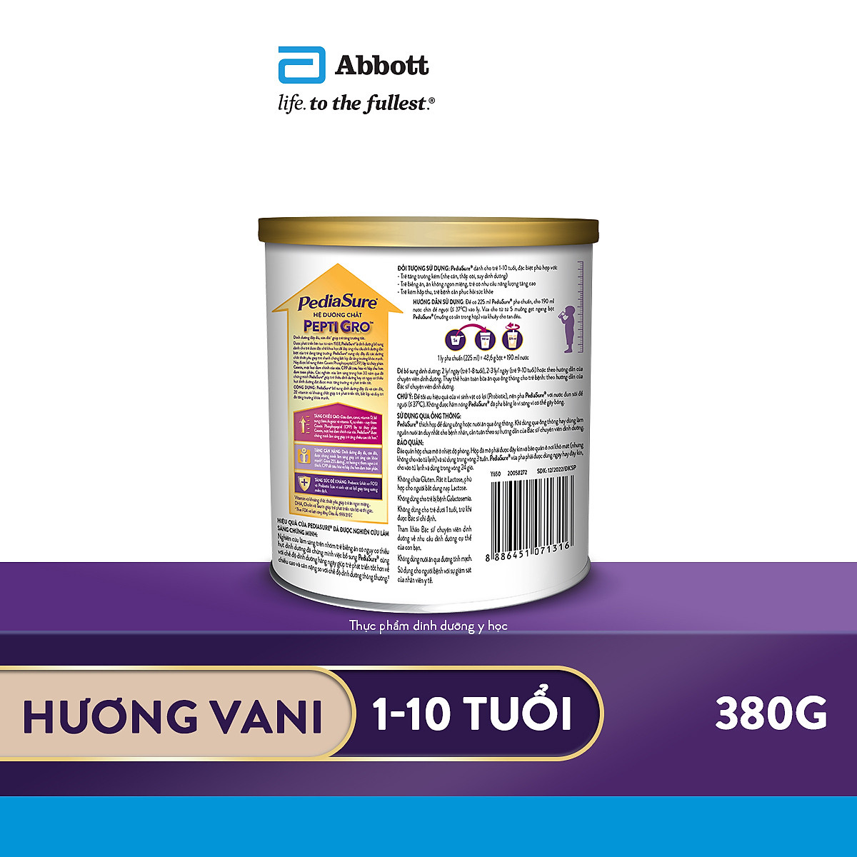 Sữa bột Abbott Pediasure hương vani ít ngọt cho trẻ từ 1 - 10 tuổi (380g)