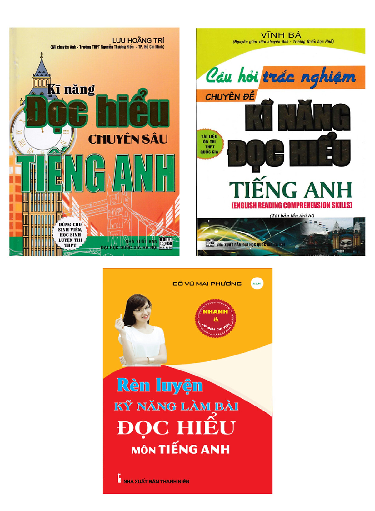 Combo Rèn Luyện Kỹ Năng Làm Bài Đọc Hiểu Môn Tiếng Anh + Câu Hỏi Trắc Nghiệm Chuyên Đề Kỹ Năng Đọc Hiểu Tiếng Anh + Kĩ Năng Đọc Hiểu Chuyên Sâu Tiếng Anh (Bộ 3 Cuốn)