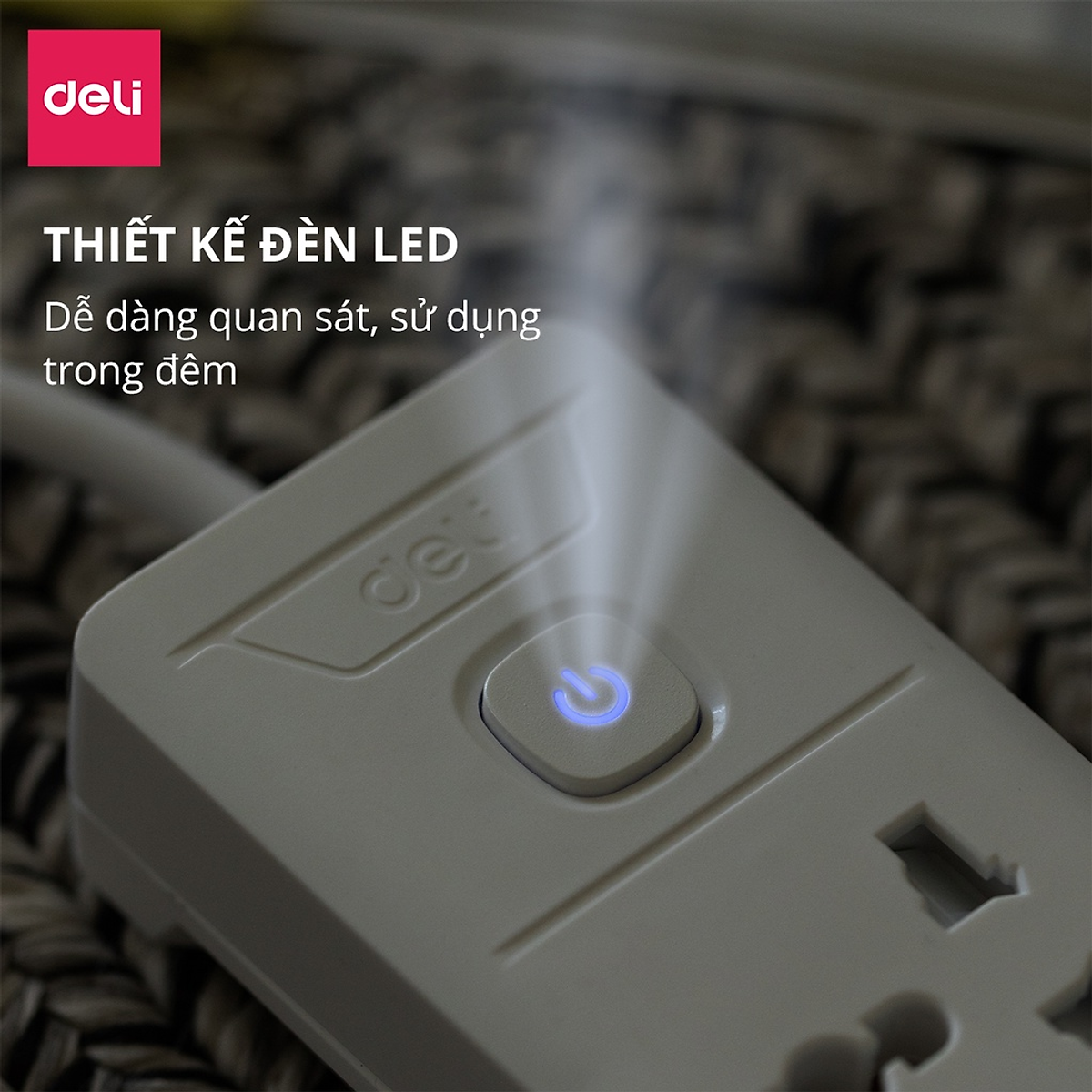Ổ Cắm Điện Đa Năng DELI Sạc Nhanh TypeC USB PD20W 2-12 Ổ Vuông Dẹt Chịu Tải 2500W, Cầu Chì Tự Ngắt
