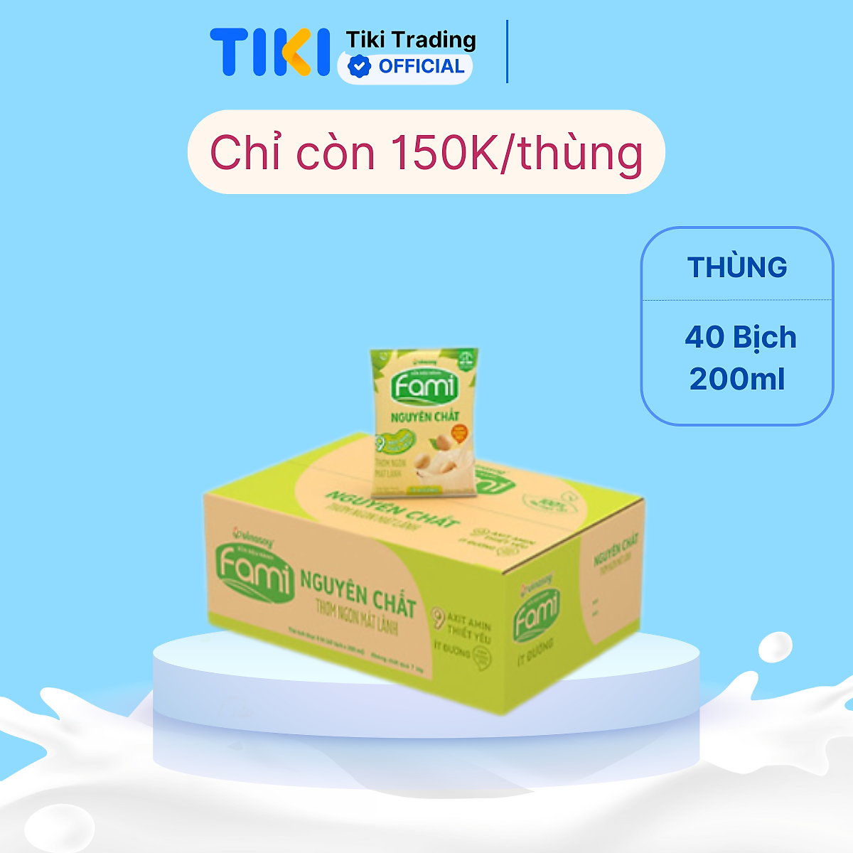 Thùng Sữa đậu nành Fami Nguyên Chất ít đường (200ml x 40 bịch)