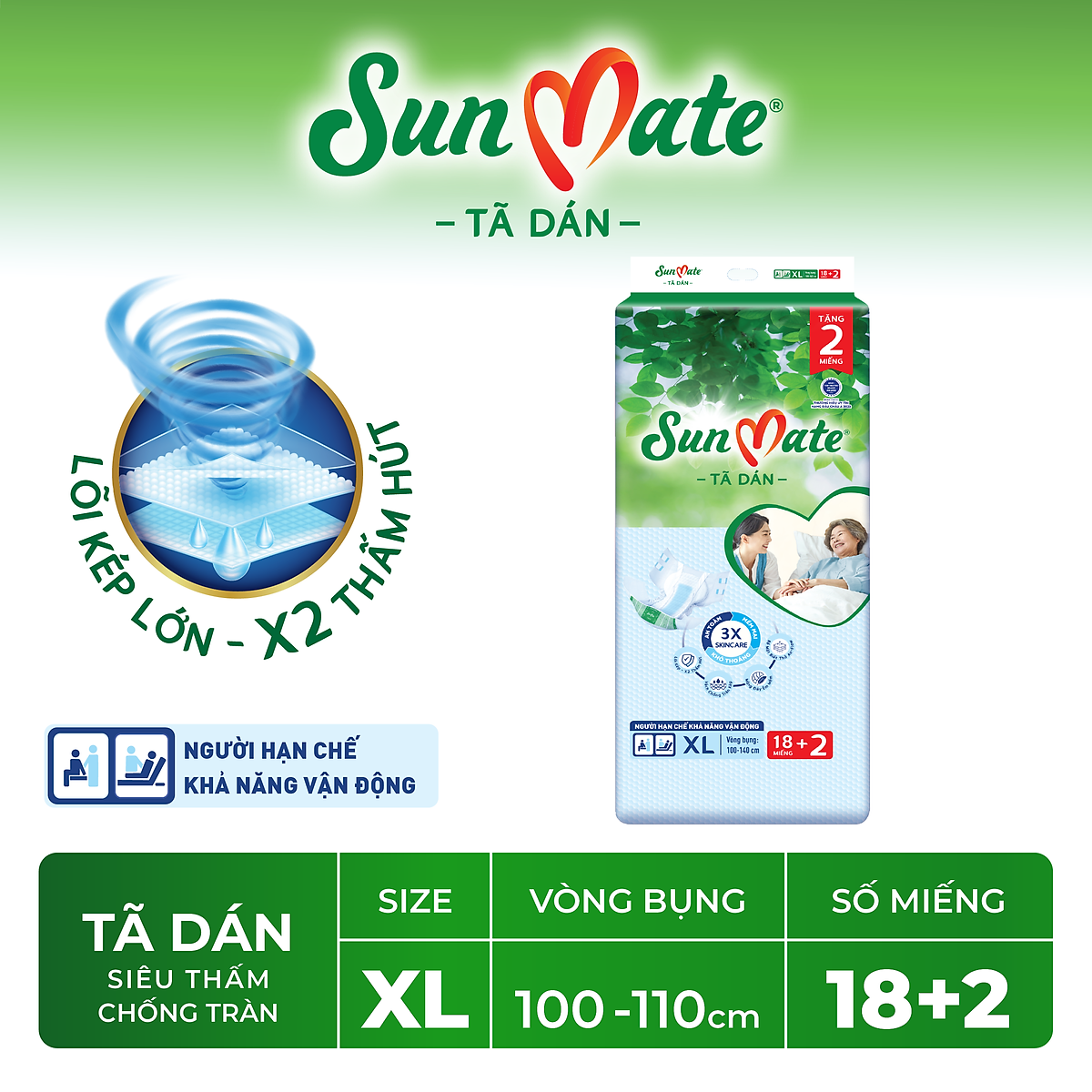 Combo 2 Tã dán người lớn SunMate XA2 mới size XL-18+2 miếng