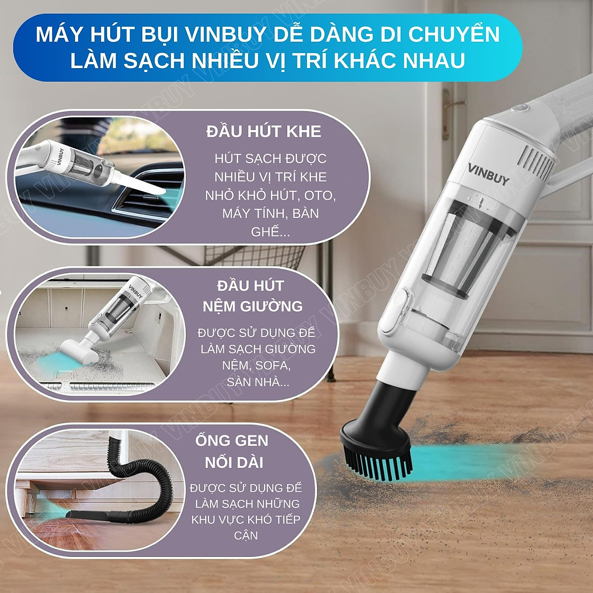 Máy hút bụi cầm tay, hút bụi xe ô tô, xe hơi, giường nệm, lực hút mạnh 22000PA, pin sạc không dây - Chính hãng VinBuy