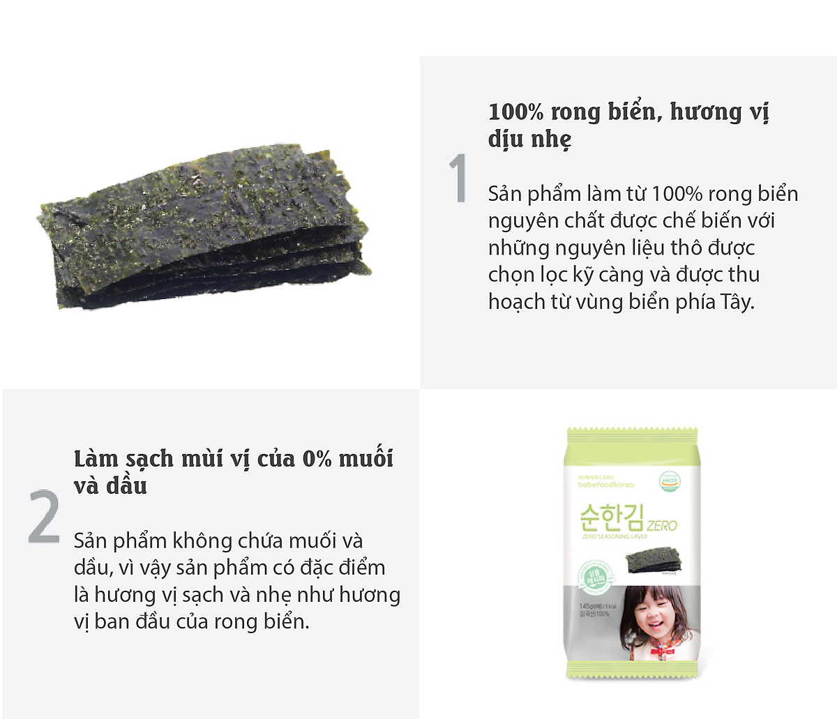 Rong biển hữu cơ ăn liền ít muối Bebefood Hàn Quốc 1,45gr/8 gói