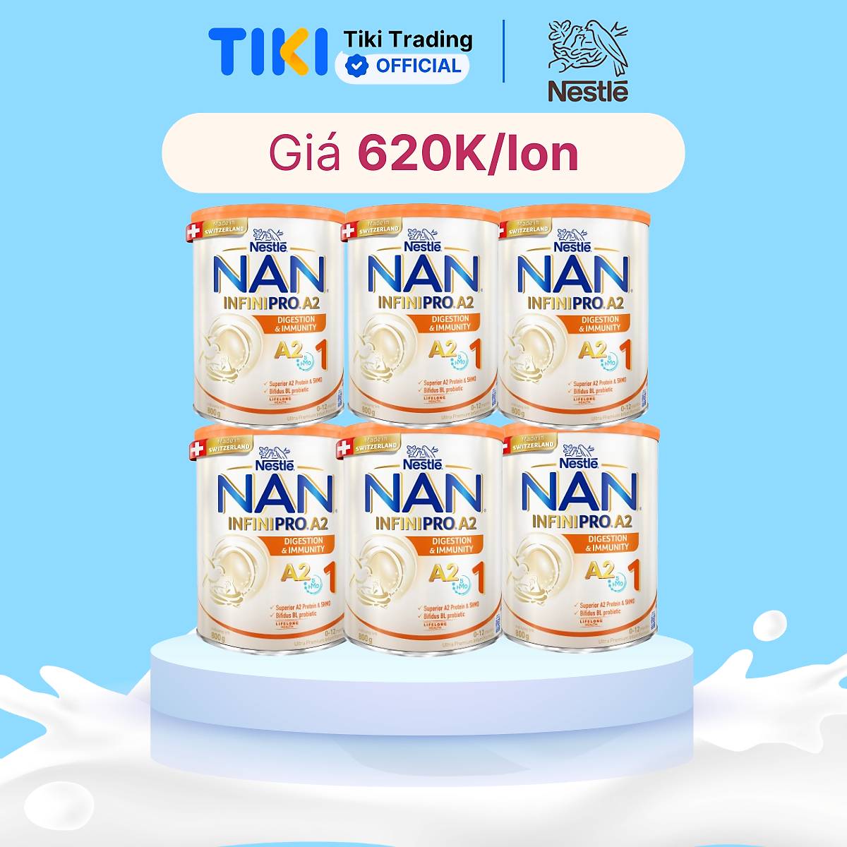 Thùng 6 lon sữa bột Nestlé NAN INFINIPRO A2 1 cho trẻ từ 0-12 tháng tuổi hộp 800g nhập khẩu nguyên lon từ Thụy Sỹ