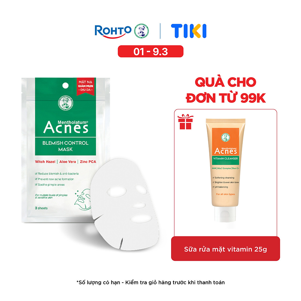 Mặt nạ chuyên biệt cho da mụn Acnes Blemish Control Mask (3 miếng/1 Gói/ 65ml)