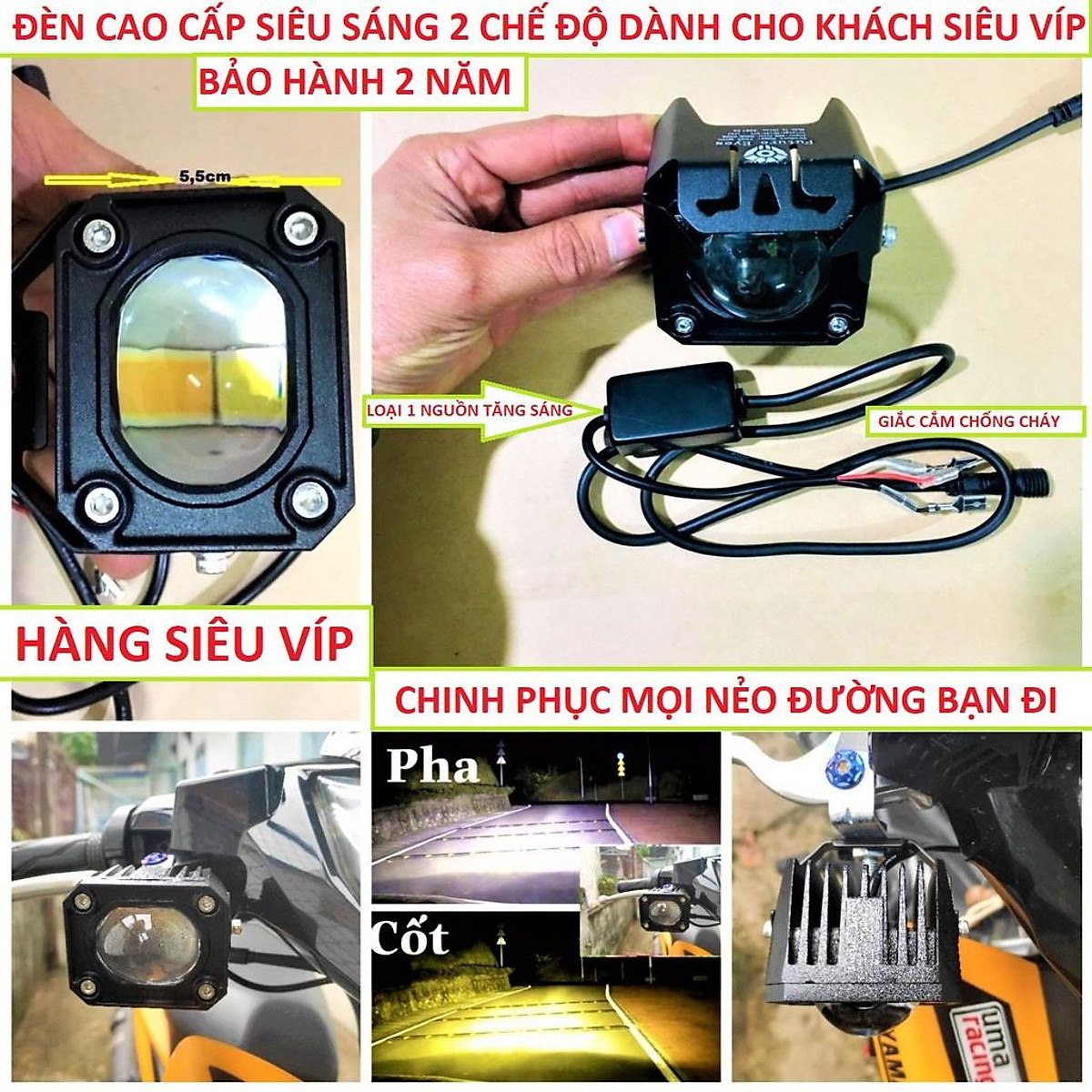 Đèn trợ sáng xe máy ô tô bi cầu F20XP 2 màu cốt vàng pha trắng 60w siêu sáng dành cho khách víp