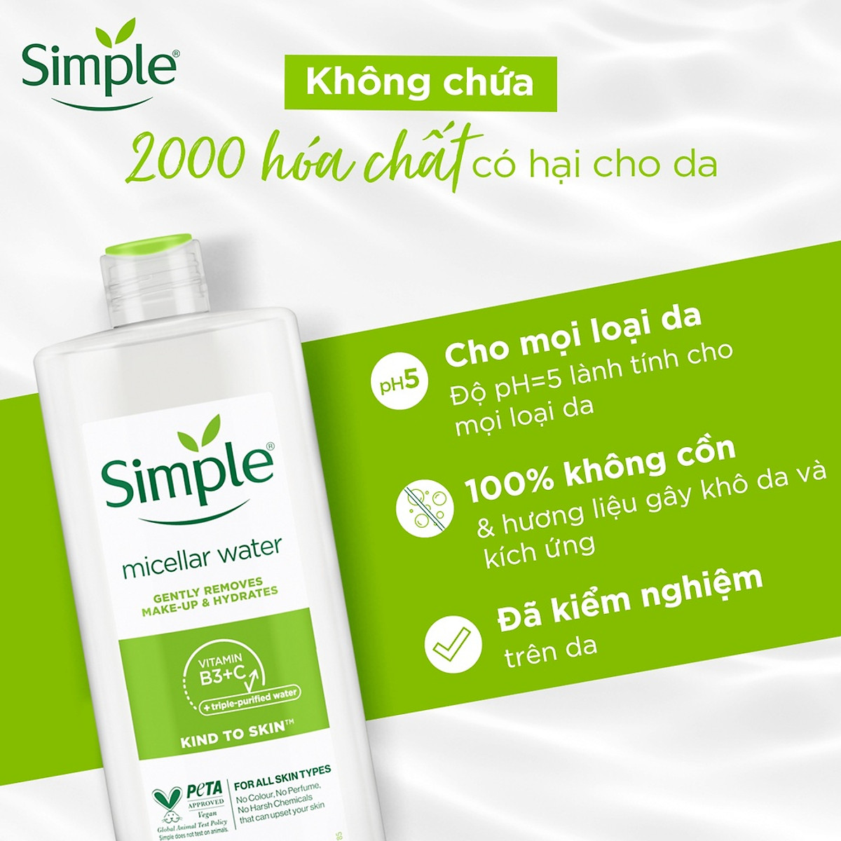 Combo 2 Nước tẩy trang Simple Micellar làm sạch 99% trang điểm, cho da thoáng mịn tức thì 400ml x2