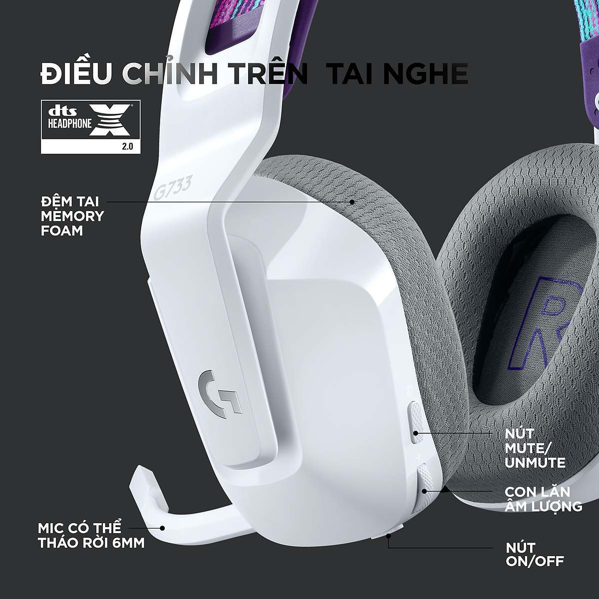Tai nghe Gaming Logitech G733 LIGHTSPEED Wireless 7.1 RGB - Hàng Chính Hãng