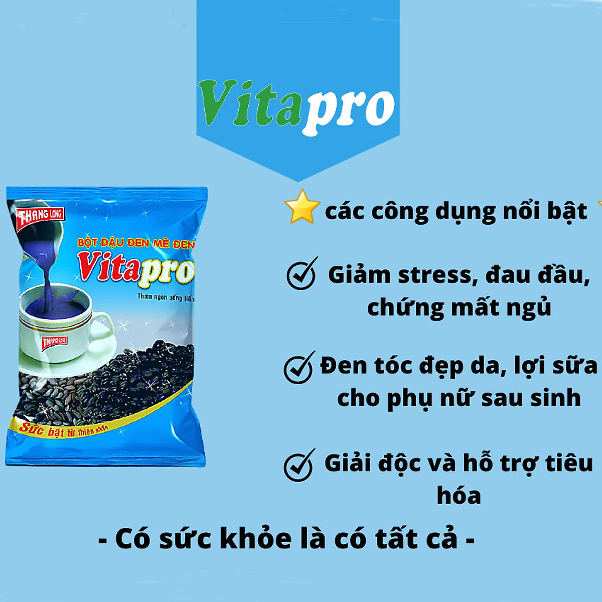 Bột Đậu Đen Mè Đen Vitapro 400gr Giúp Đen Tóc Đẹp Da, Lợi Sữa Cho Phụ Nữ Sau Sinh – Hàng Chính Hãng