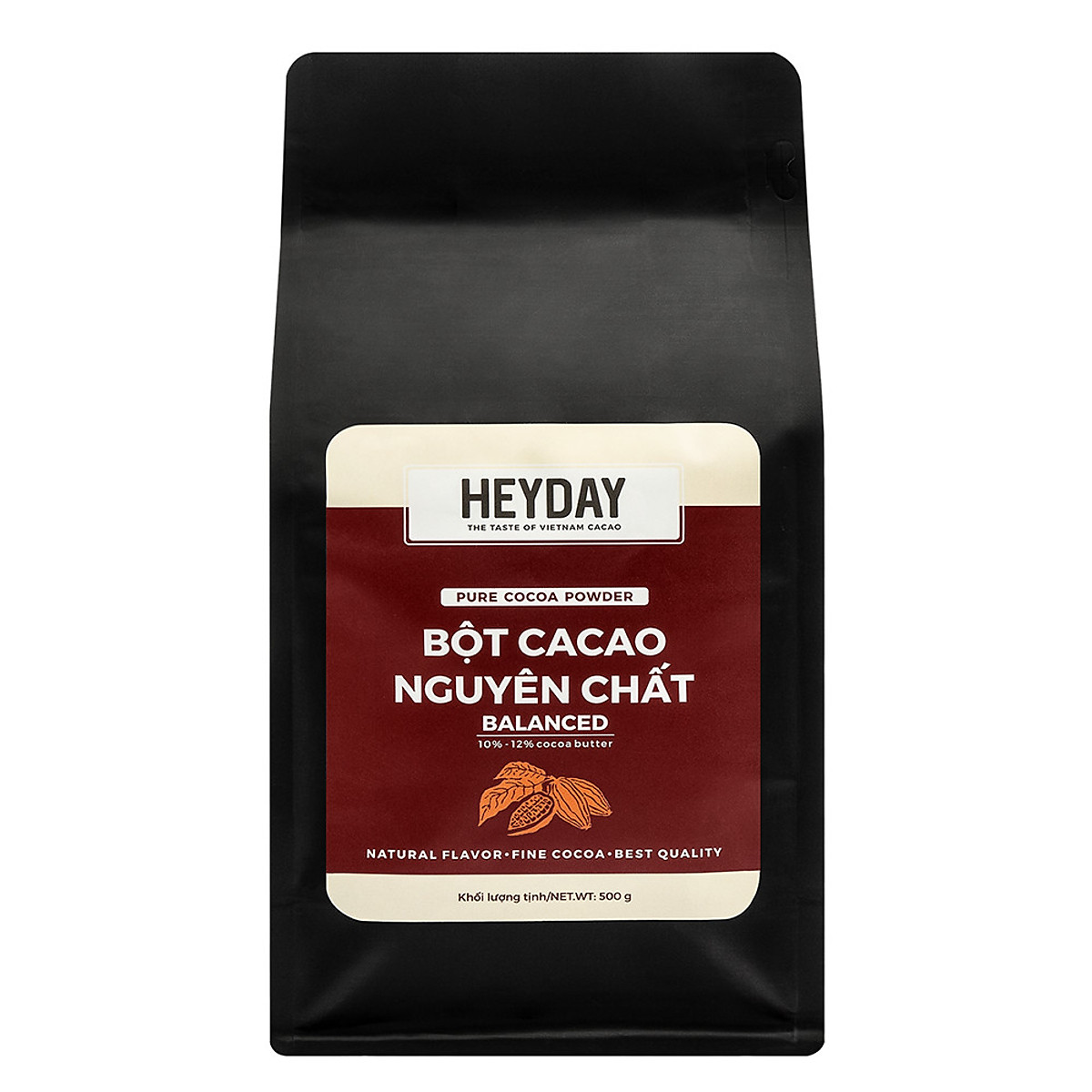 Bột cacao nguyên chất 100% Việt Nam - Dòng Balanced phổ thông túi 500g - Chuyên dùng làm bánh, pha chế cho quán cà phê - Heyday Cacao