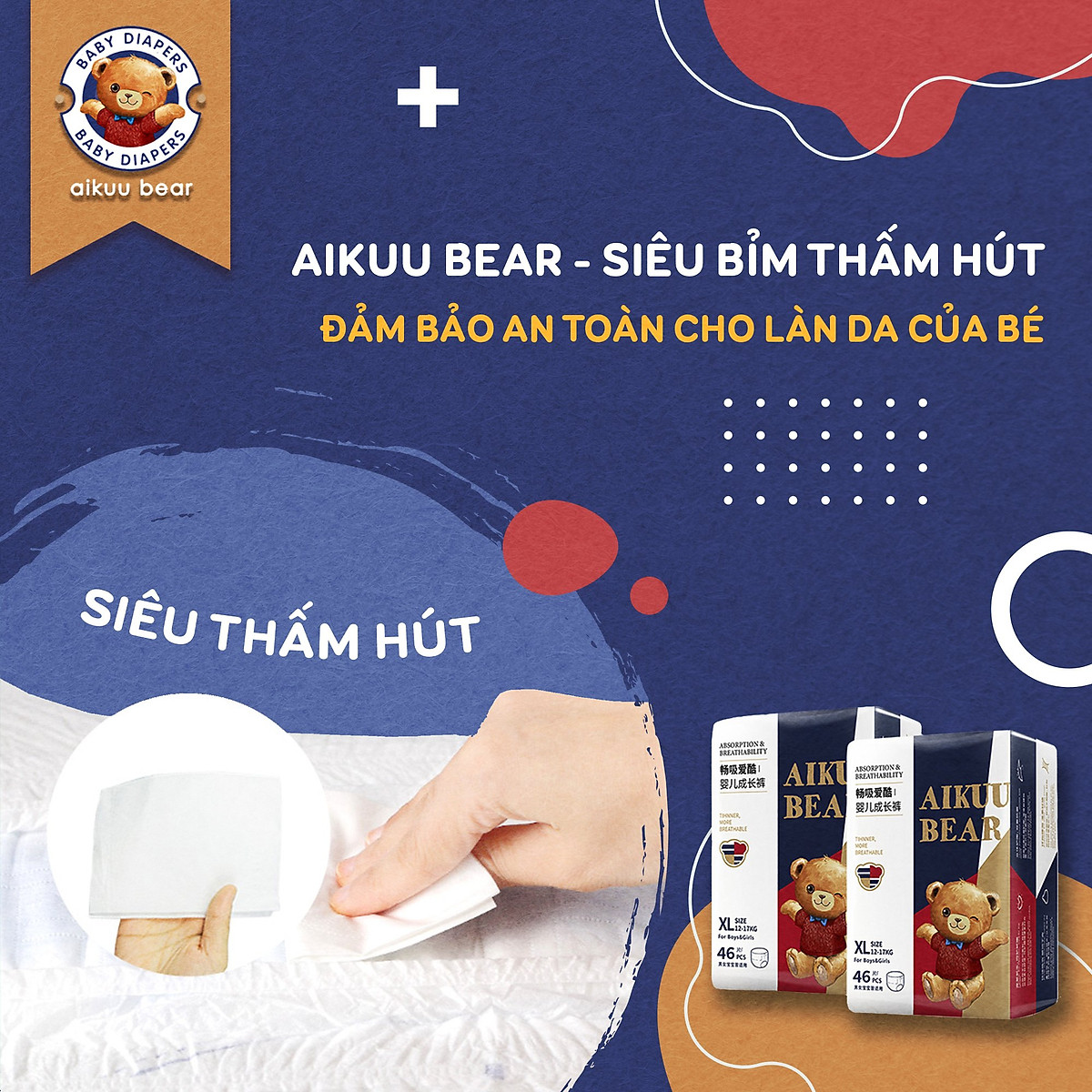 Tã Bỉm AIKUU BEAR Dán/Quần đủ size S56,M50,L48,XL46,XXL44,XXXL42 Chính Hãng
