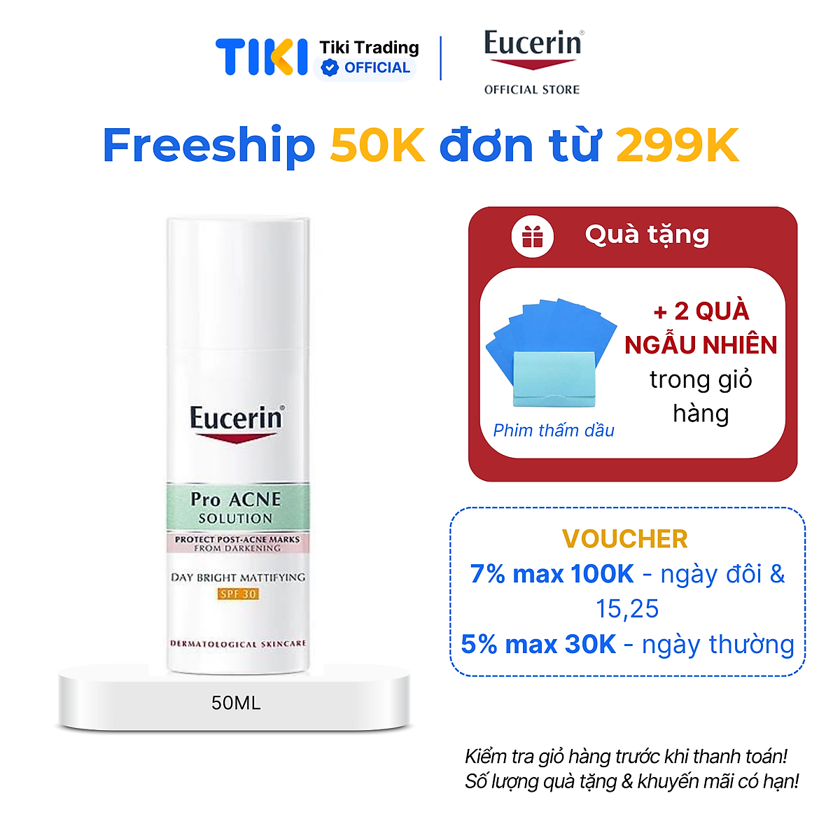 Kem dưỡng giảm mụn & chống nắng Eucerin Day Bright Mattifying SPF30 50ml