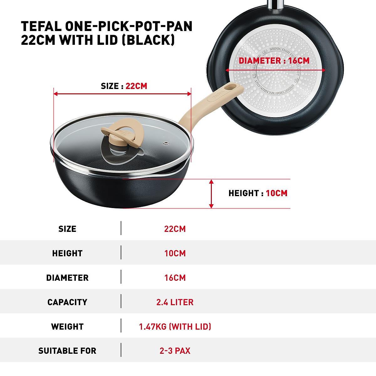 Chảo nồi có nắp chống dính đa năng Tefal One Pick Pot Pan 3 trong 1 - 22cm - Hàng chính hãng