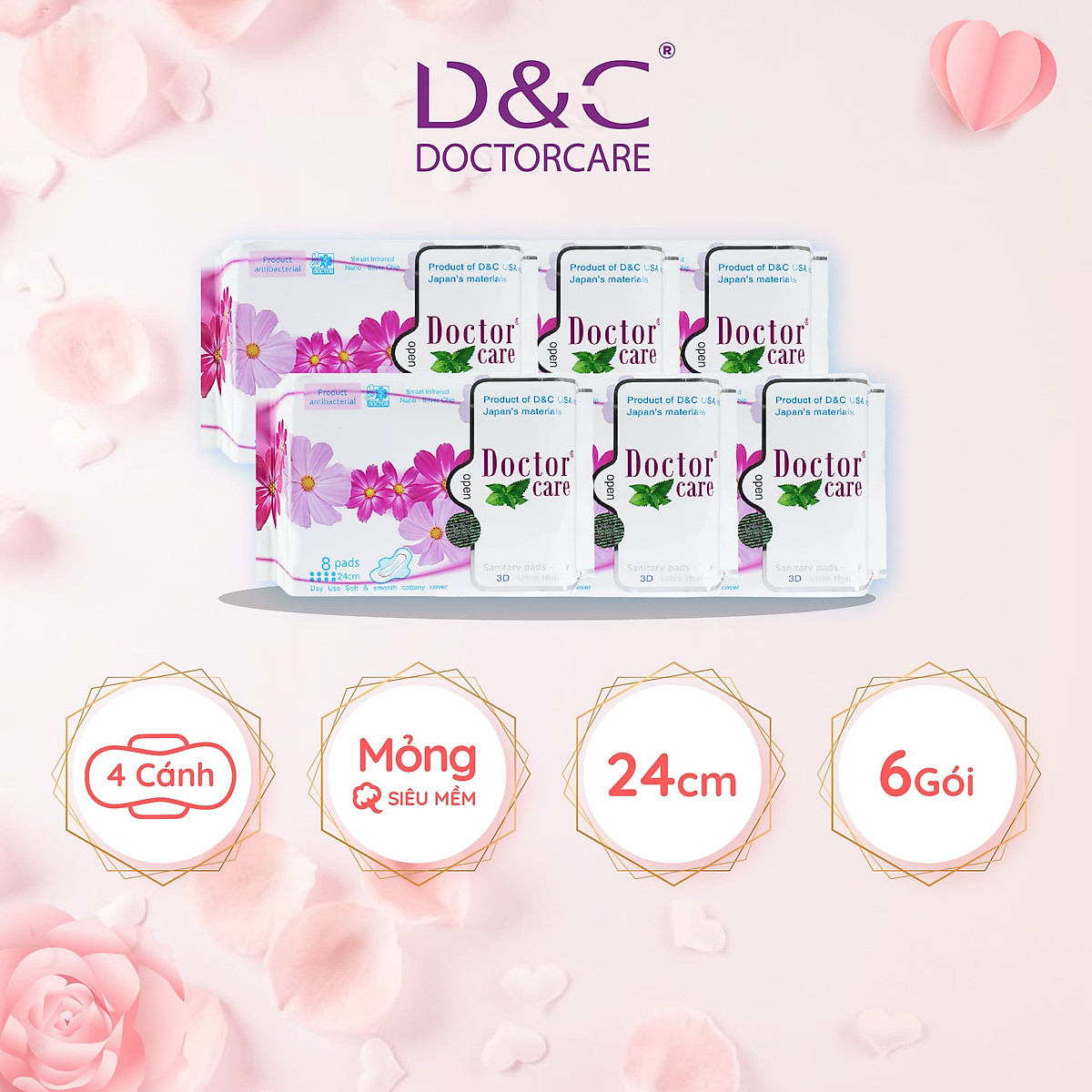 Combo 6 Băng vệ sinh thảo dược Doctor Care, BVS ban ngày 24cm siêu khô thoáng cả ngày dài