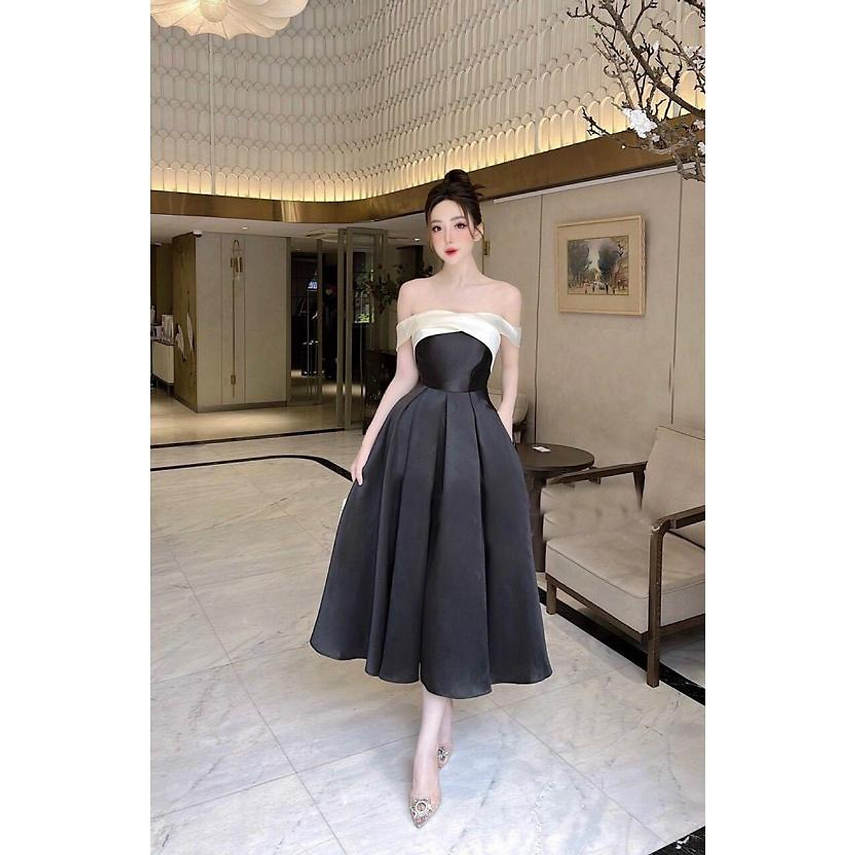 Đầm váy nữ trễ vai đan chéo với 2 màu truyền thống xinh xắn, sang trọng thích hợp cho các nàng đi dự tiệc