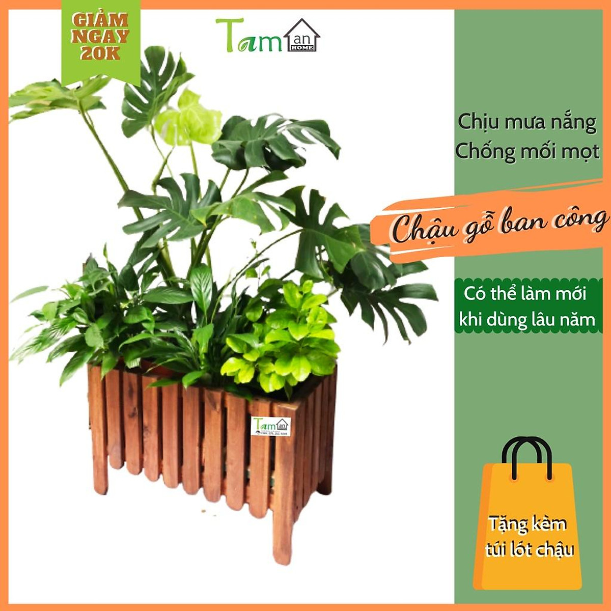 Chậu gỗ trồng cây lắp ghép trang trí ban công chịu mưa nắng Taman Home