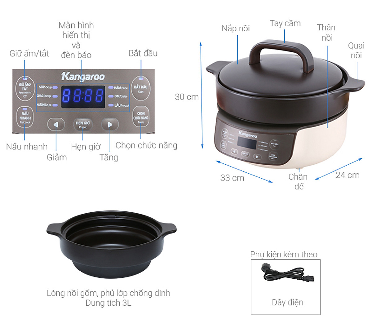 Nồi hầm dưỡng sinh Kangaroo KG3SC1 3 lít - Hàng chính hãng
