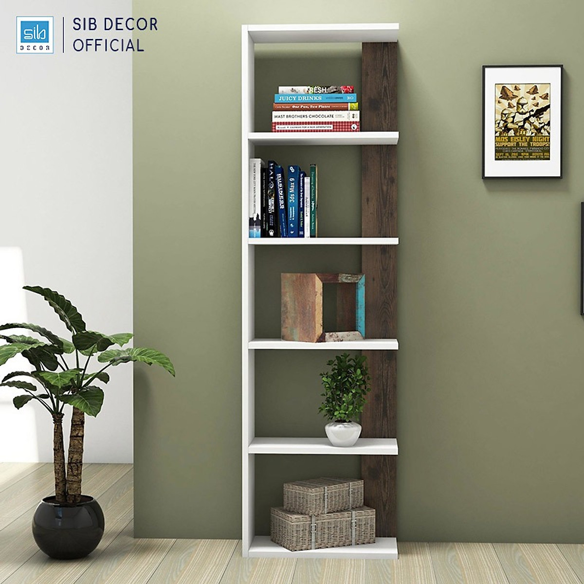 Kệ Sách Gỗ 5 Tầng Cao 155cm, Thiết Kế Cách Điều Hiện Đại Thương Hiệu SIB Decor KSG11