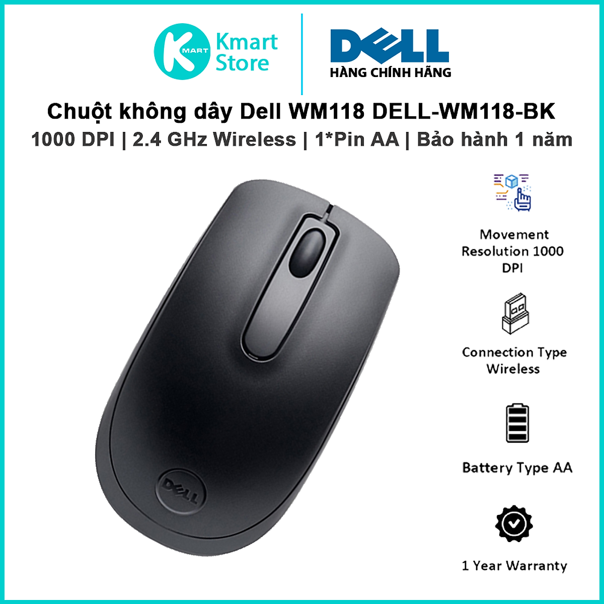Chuột Quang Không Dây Dell WM118 (Đen) - Hàng Chính Hãng