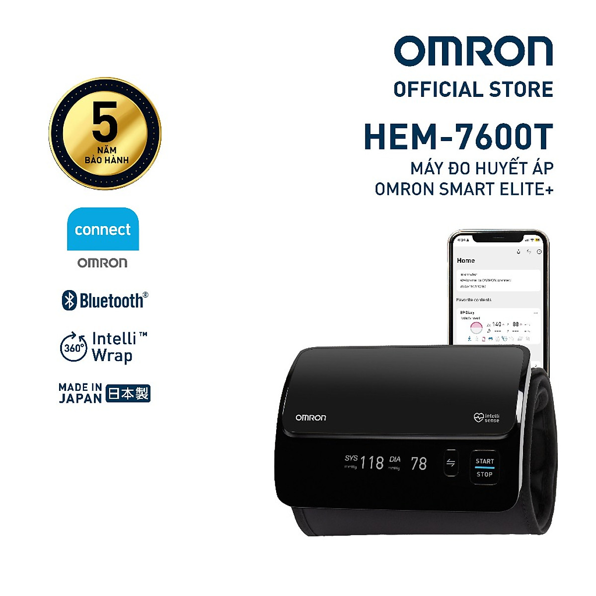 Máy Đo Huyết Áp Bắp Tay Cao Cấp Omron Hem-7600T - Kết Nối Điện Thoại - Intellisense - Sản Xuất Nhật Bản