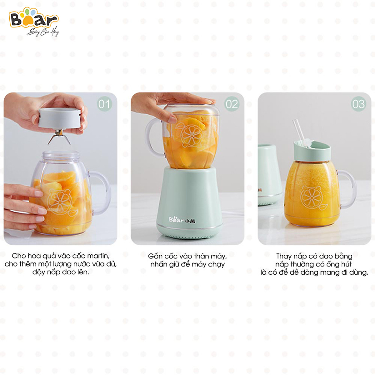 Máy Xay Sinh Tố Cầm Tay Bear, Nghiền Hoa Quả Công Suất Lớn, Chất Liệu An Toàn LLJ-D04A1 - Hàng Chính Hãng