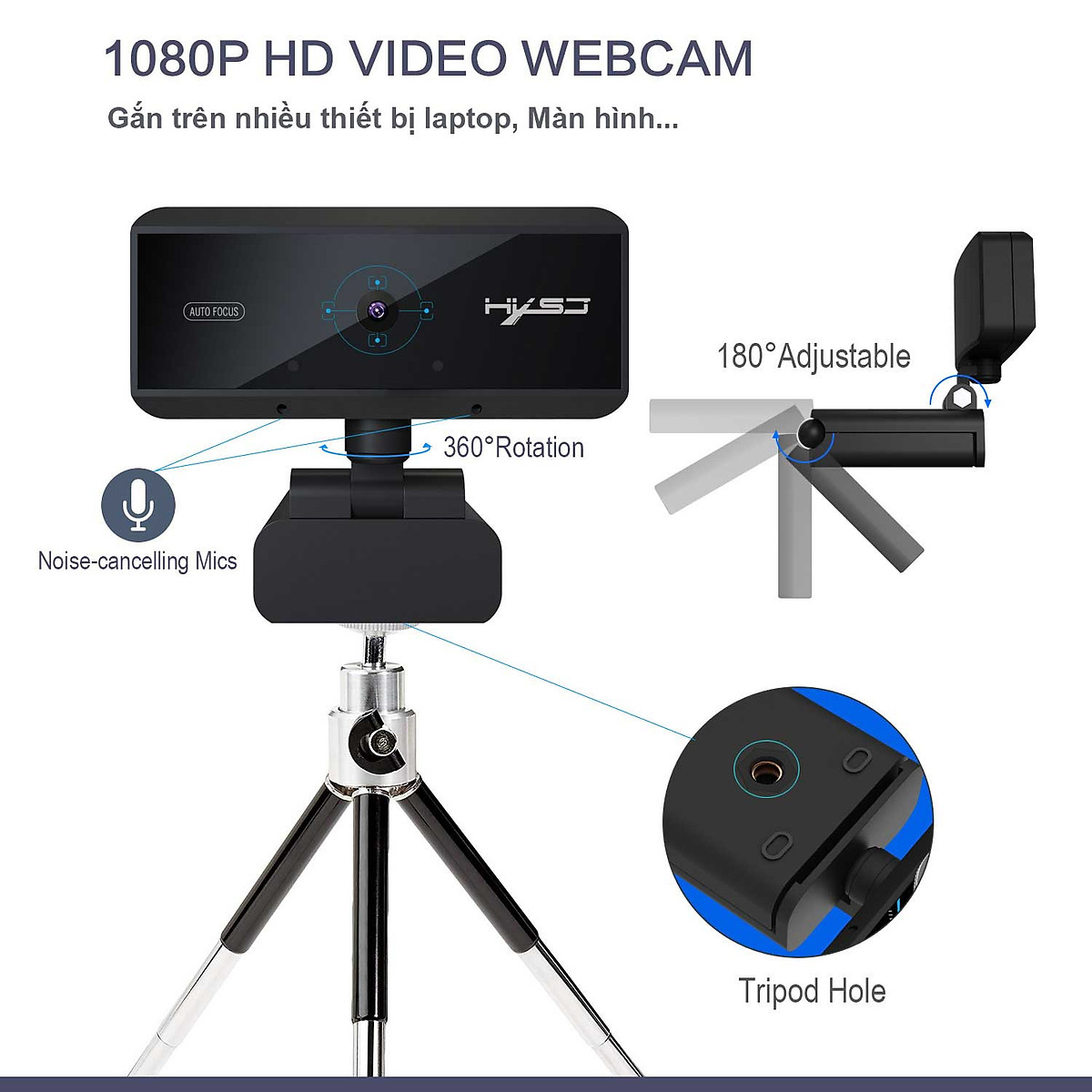 Webcam HXSJ S4 HD 1080P USB3.0 2.0 Có Thể Điều Chỉnh 360° Kèm Mic Cho Cuộc Gọi Video - Hàng Chính Hãng
