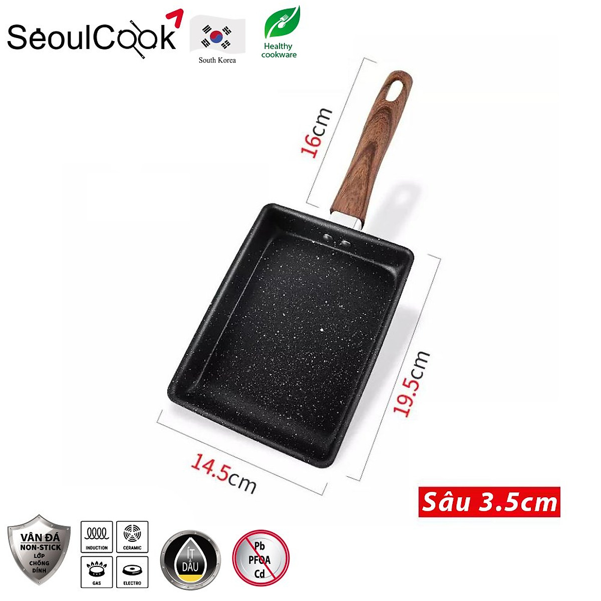 Bộ nồi chảo 2 món SL2, quánh 16cm + nồi 20cm + chảo vuông 15x20cm Seoulcook Hàn Quốc, dùng cho bếp gas, hồng ngoại – Hàng chính hãng