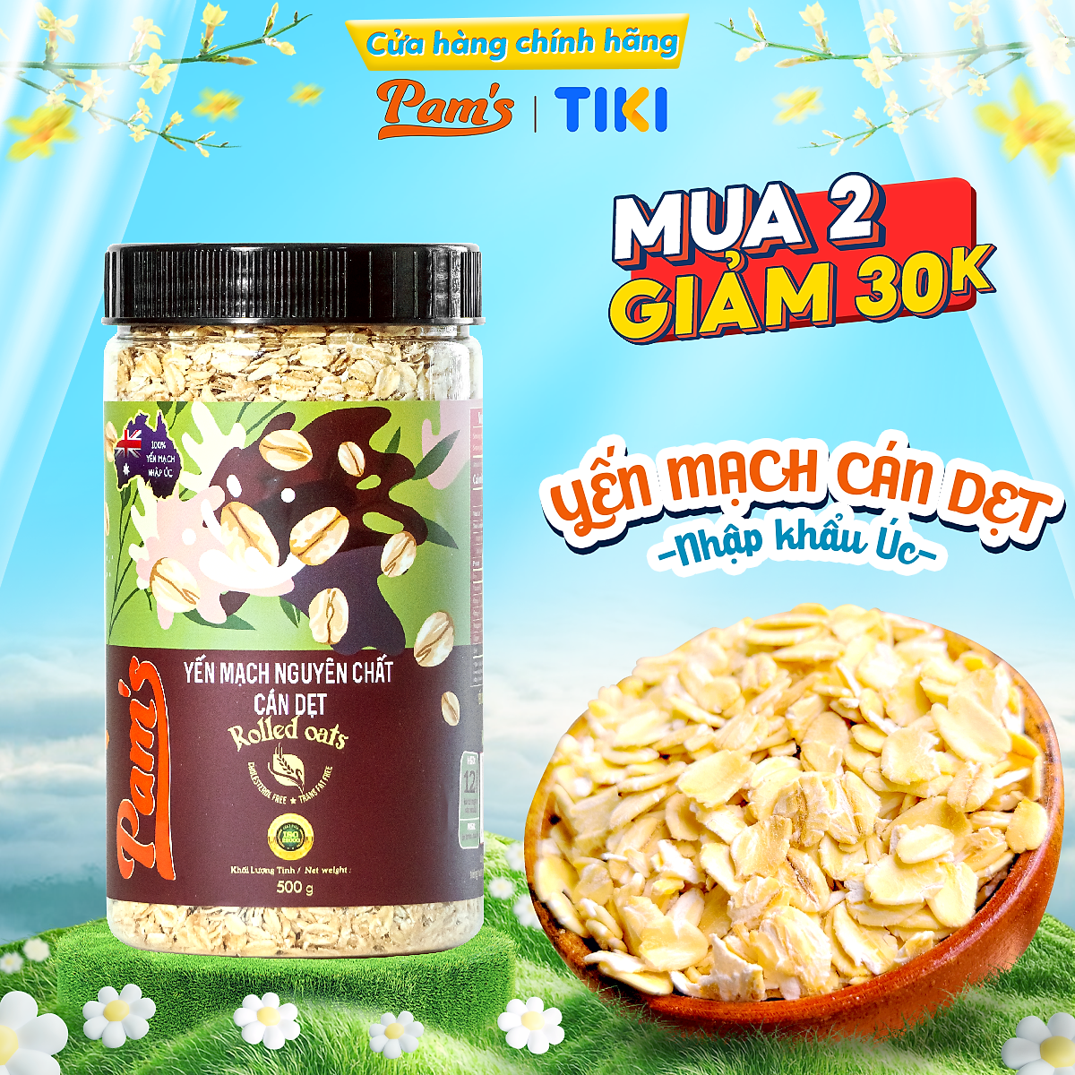Yến Mạch Cán Dẹt Nhập Khẩu Úc Pams 500g/hũ, Yến Mạch Cao Cấp, Giàu Chất Xơ, Thích Hợp Dùng Ăn Kiêng