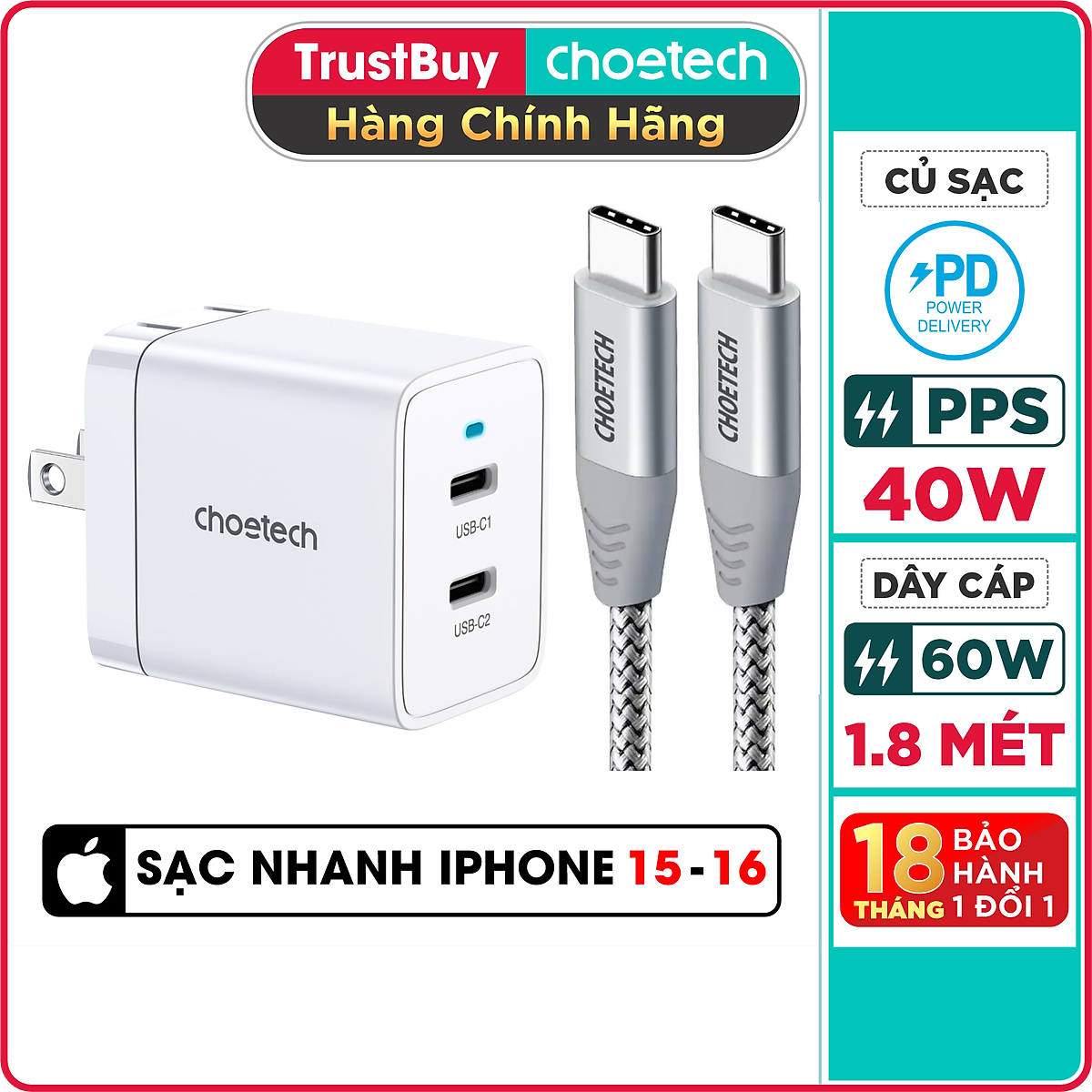 Bộ Củ Sạc Nhanh Type C 40W, Sạc 2 Cổng 20W Cho iPhone 15, iP16, Cho SamSung PPS 25W CHOETECH Q5006 Và Cáp CC0005-S - Hàng Chính Hãng