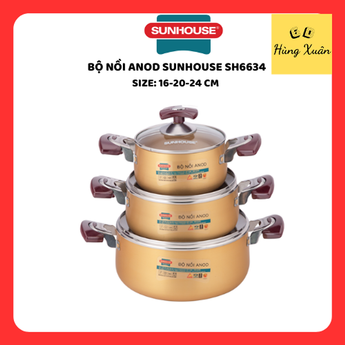 Bộ Nồi Anod Sunhouse Vàng 16-20-24cm