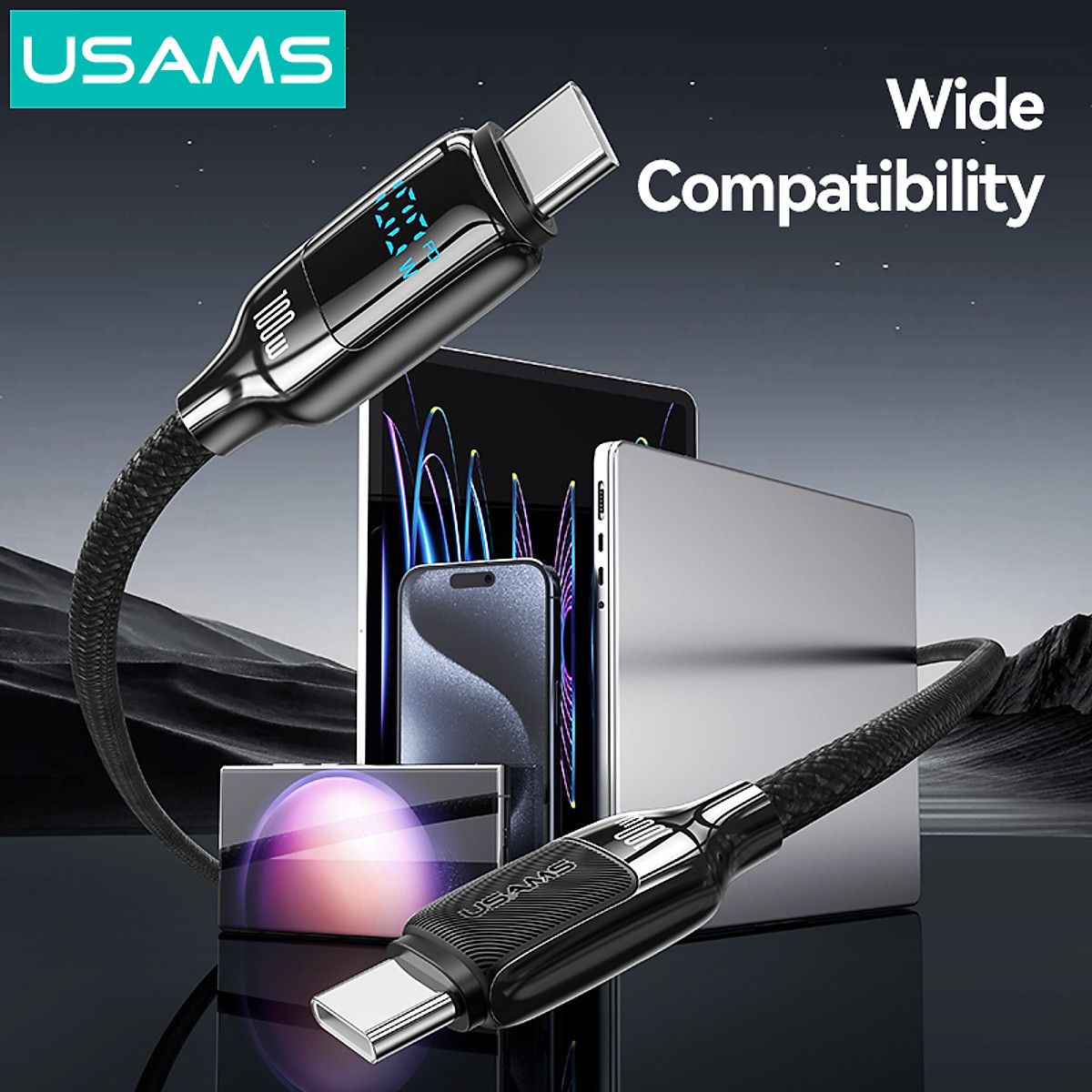 Cáp sạc nhanh USAMS SJ742 Type-C To Type-C 100W Digital Display Zinc Alloy HX Series tương thích IP15 series ( Hàng Chính Hãng)
