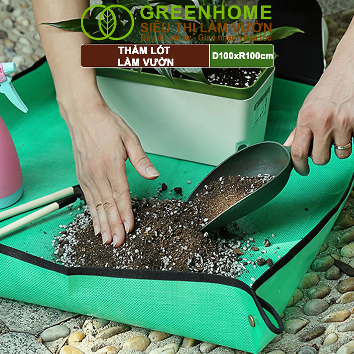Thảm Lót Làm Vườn Greenhome, D100xR100cm, Trộn Đất, Thay Chậu, Trồng Cây Sạch Sẽ Chống Thấm Nước, Dễ Vệ Sinh, Gấp Gọn
