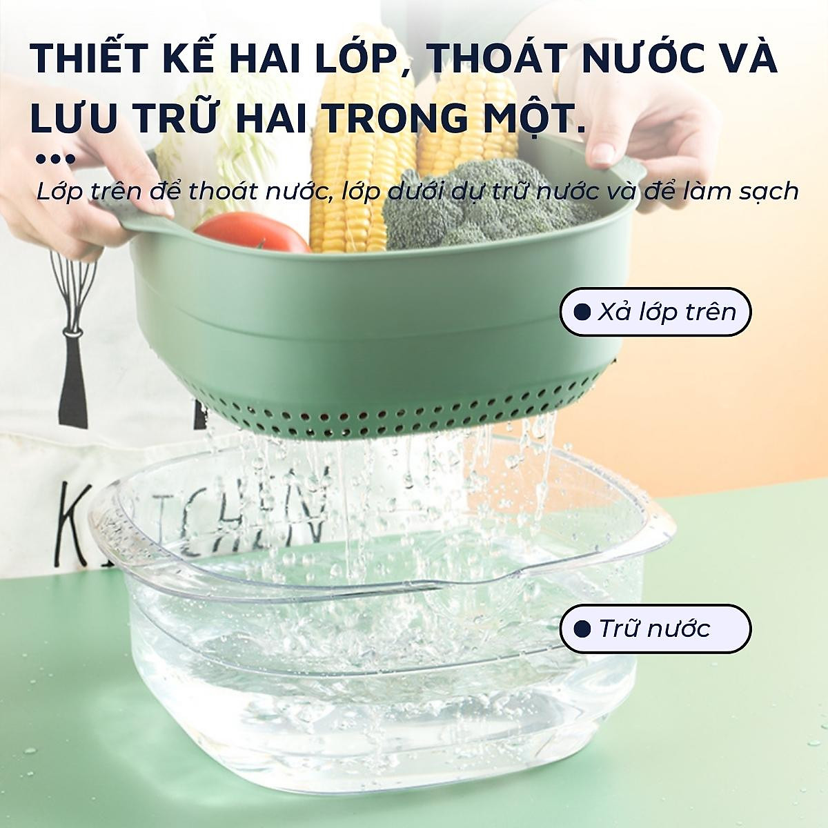 Rổ đựng đồ kèm chậu thau rửa rau củ đựng hoa quả trái cây 2 lớp siêu cứng siêu bền