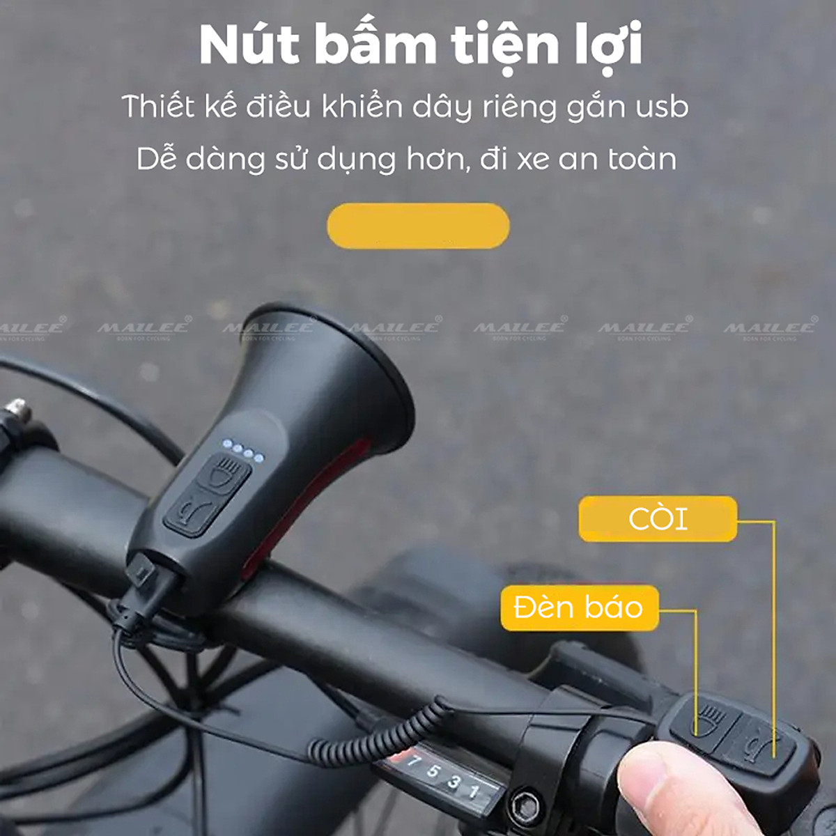 Còi Xe Đạp Âm Lượng Cao 120db HYD-074S có dây nhấn USB, Có Đèn cảnh báo, 5 Chế Độ Âm Thanh, Sạc điện USB Cho Xe Đạp MTB/ đường trường - Mai Lee