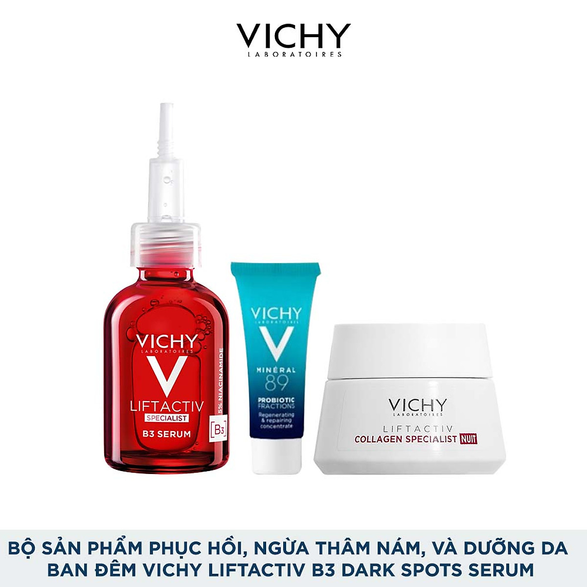 Bộ sản phẩm phục hồi, ngừa thâm nám, đốm nâu và dưỡng da ban đêm Vichy Liftactiv B3 dark spots serum