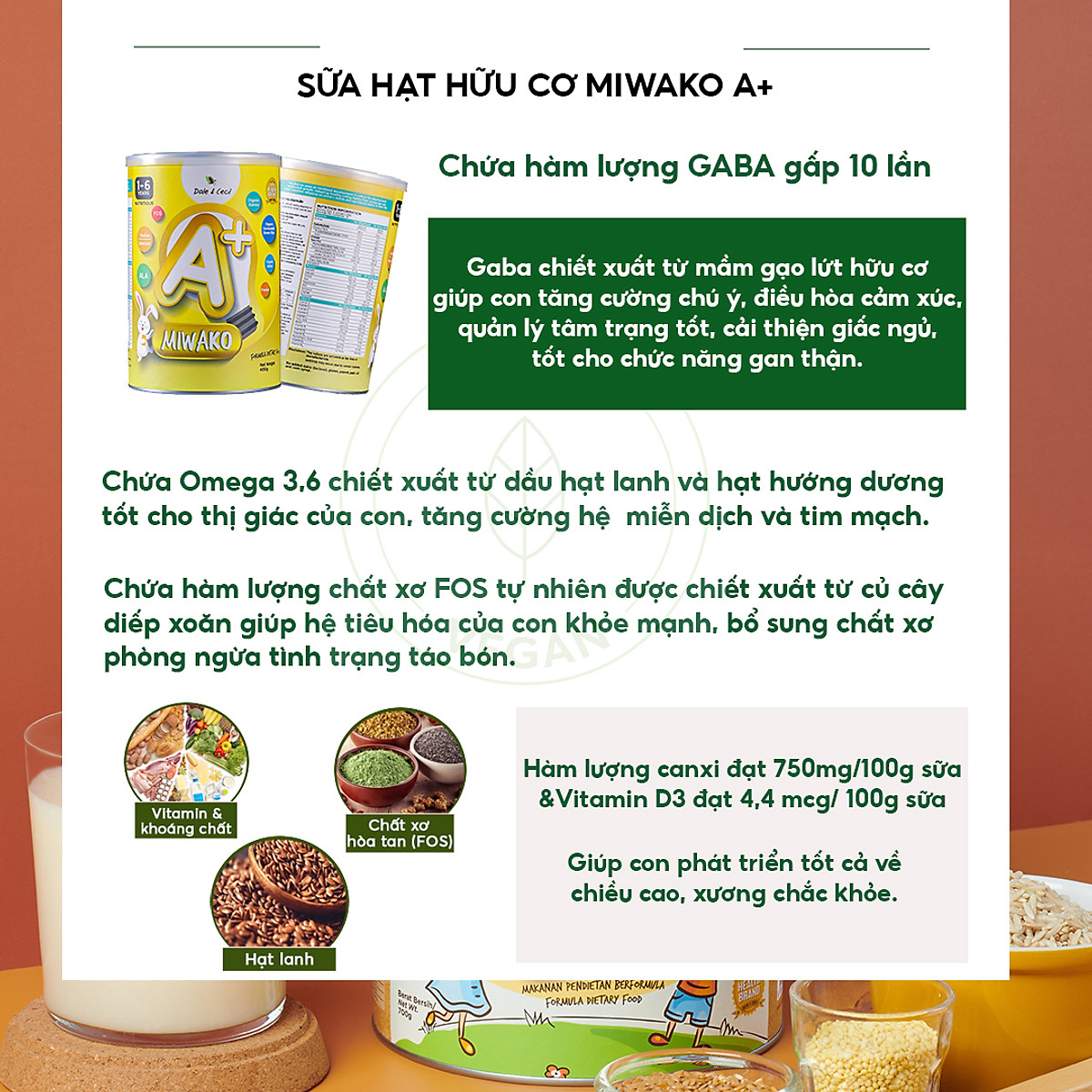 Sữa Miwako A+ Sữa Hạt Cho Bé Tăng Chiều Cao Ngủ Ngon Phát Triển Thông Minh, Sữa Không Đường 700g Vị Vani x3 Hộp - miwako