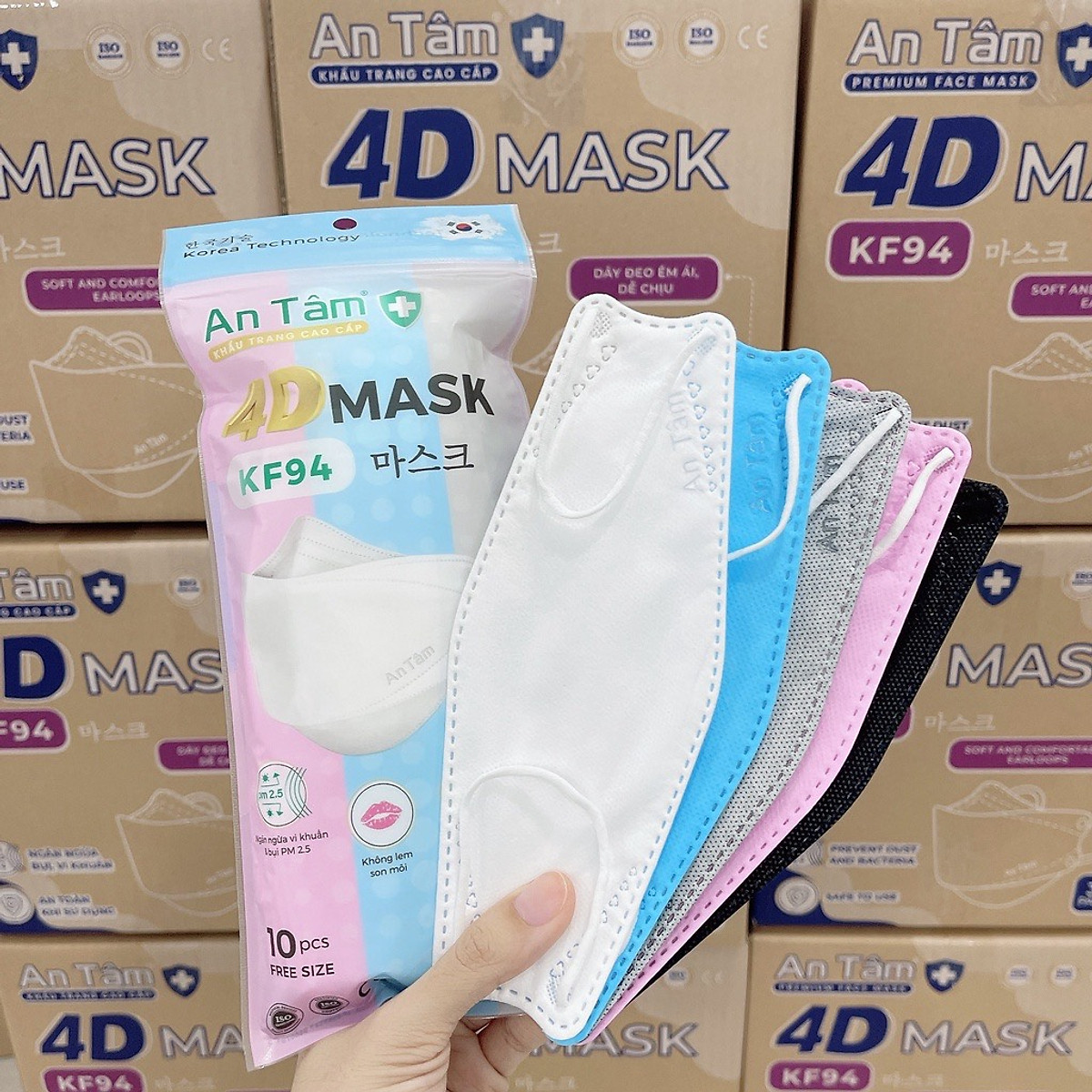 Khẩu trang KF94 - 4D An Tâm, không xù lông, dễ thở, ko đứt dây, nhiều màu ( 10 cái/túi)