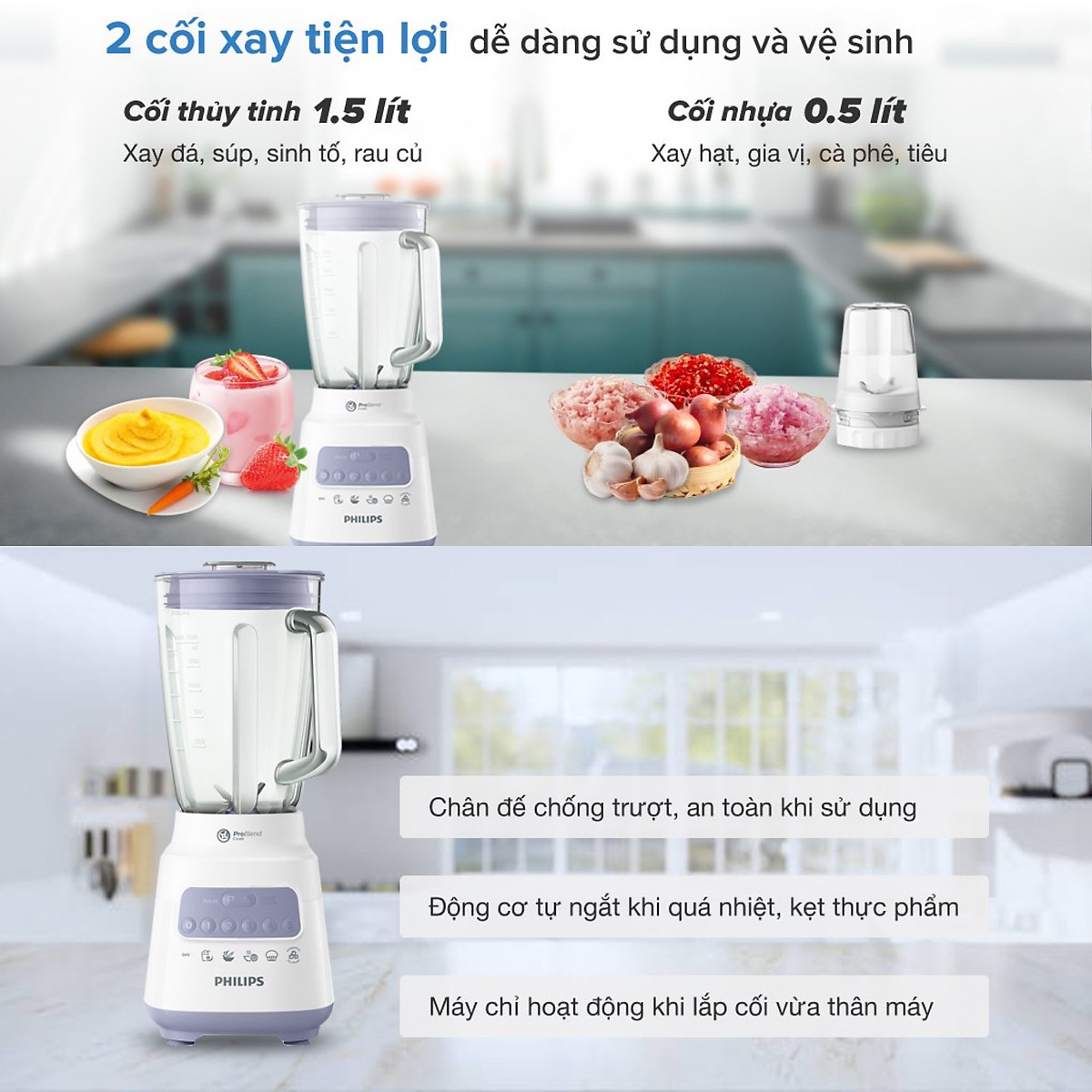 Máy Xay Sinh Tố Philips HR2222 - 1.5L Cối Thủy Tinh - Công Suất 700W - Hàng Chính Hãng