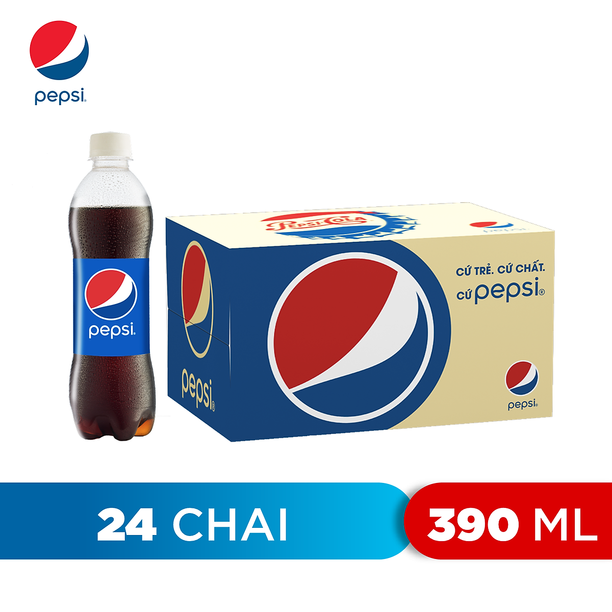 Thùng 24 Chai Nước Ngọt Có Gas Pepsi (390ml / Chai) - Nước Ngọt