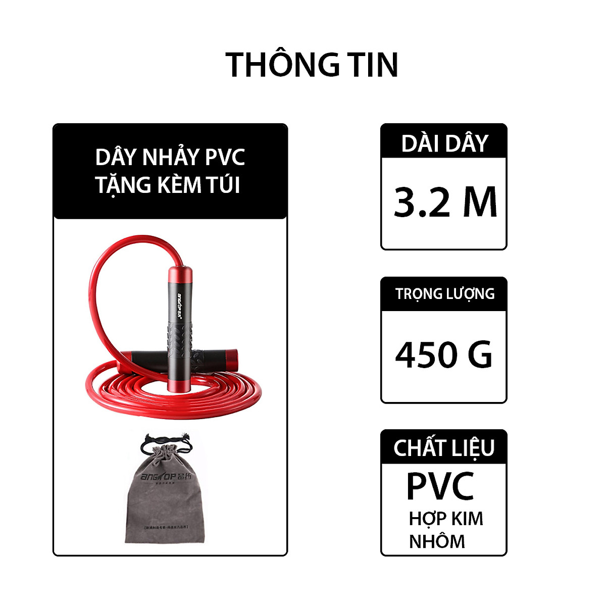 Dây nhảy thể lực CLEACCO trọng lượng nặng 400g , tay cầm kim loại đầm tay ( dùng trong Boxing, Muay Thai ) giúp đốt cháy calo nhanh + tặng kèm túi vải BORO SPORT