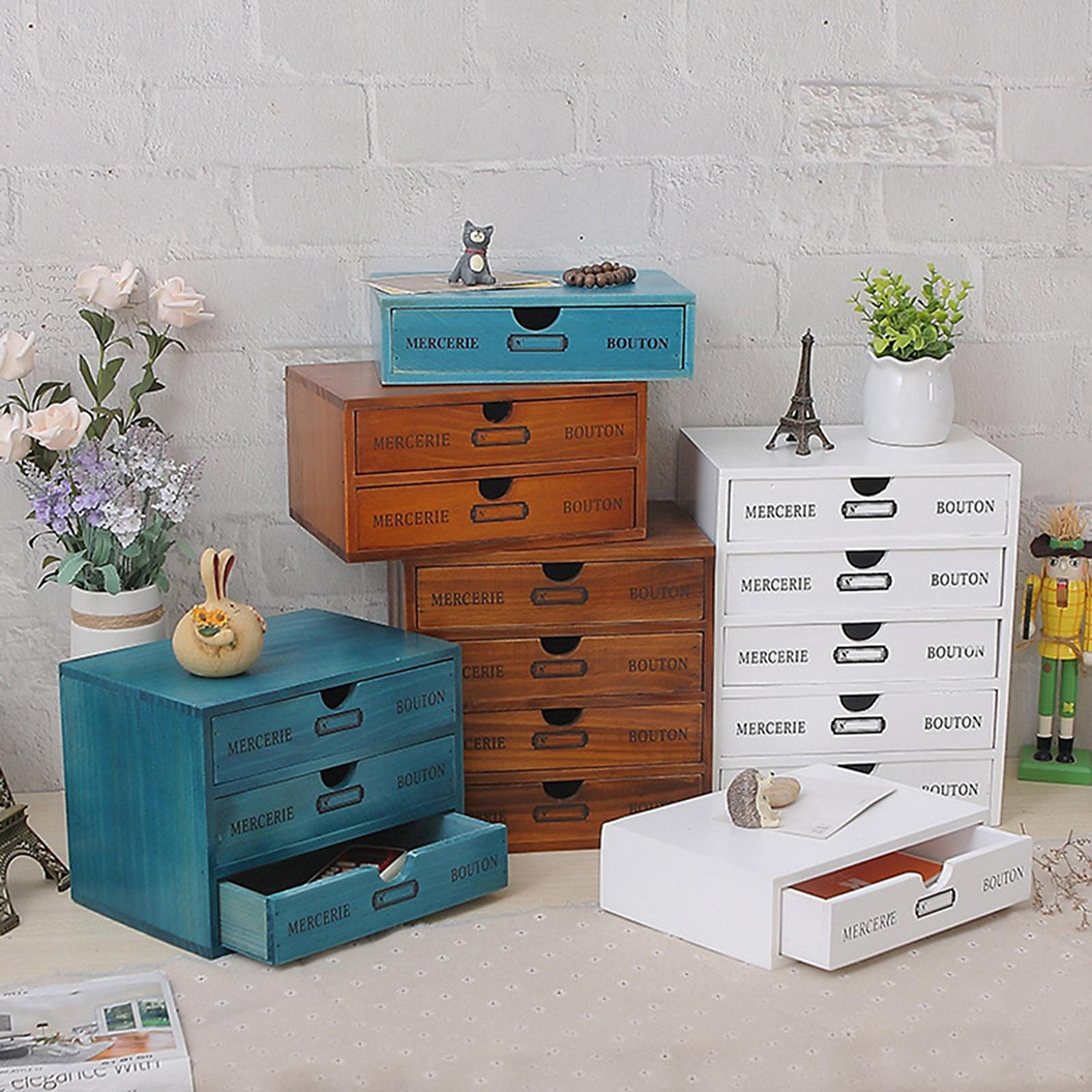 Wooden Chest Drawers Storage Organizer Desktop Box Thiết bị